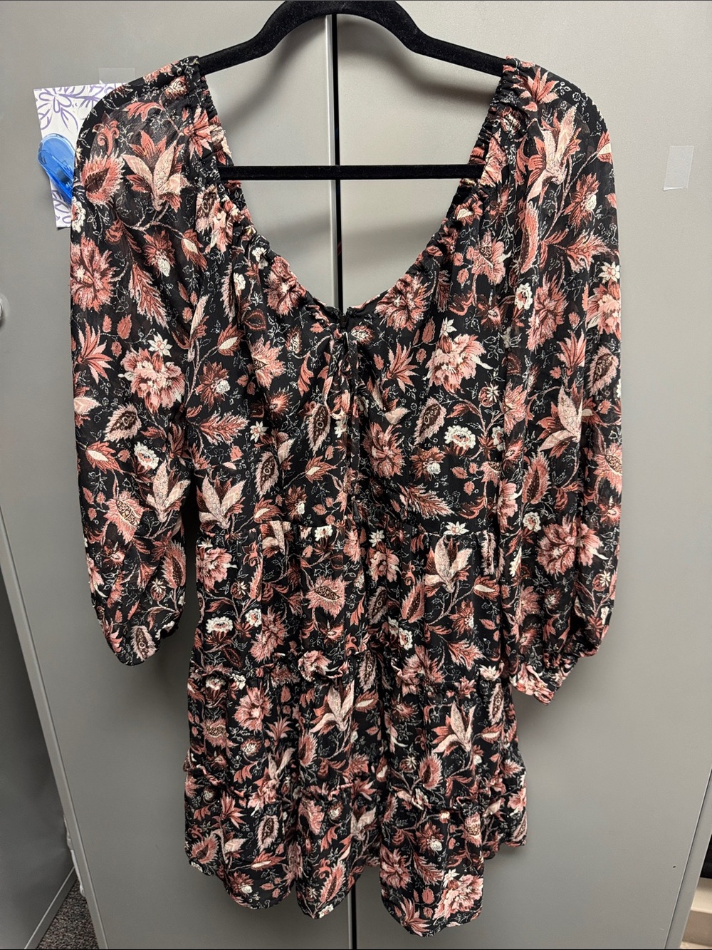 Madewell black floral mini dress with bell sleeves